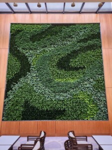 A corporate office with a green wall.